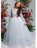 White Eyelash Lace Tulle Long Flower Girl Dress